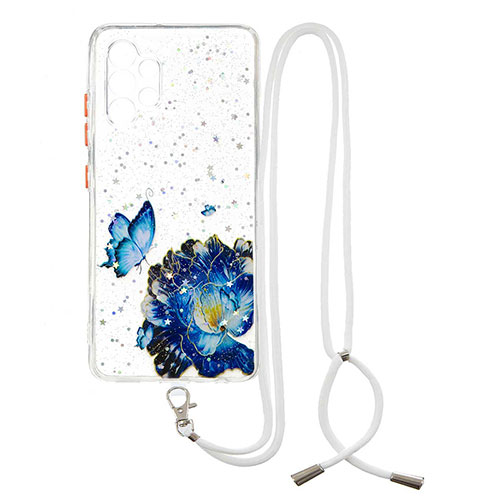 Silicone Candy Rubber Gel Fashionable Pattern Soft Case Cover with Lanyard Strap Y01X for Samsung Galaxy A32 5G Blue
