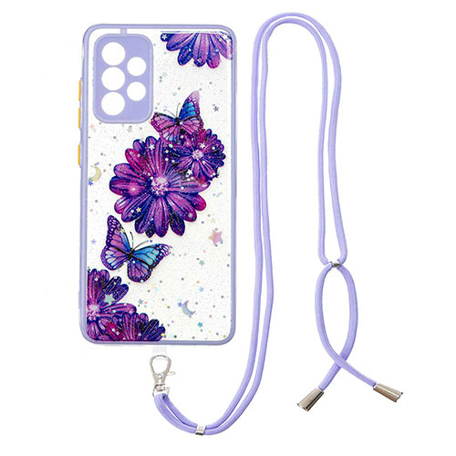 Silicone Candy Rubber Gel Fashionable Pattern Soft Case Cover with Lanyard Strap Y01X for Samsung Galaxy A33 5G Purple