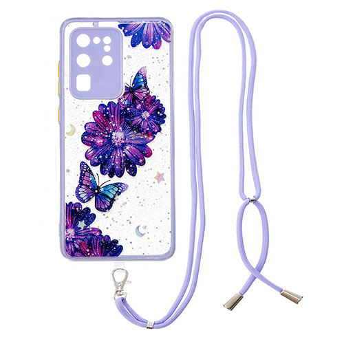 Silicone Candy Rubber Gel Fashionable Pattern Soft Case Cover with Lanyard Strap Y01X for Samsung Galaxy S20 Ultra Purple