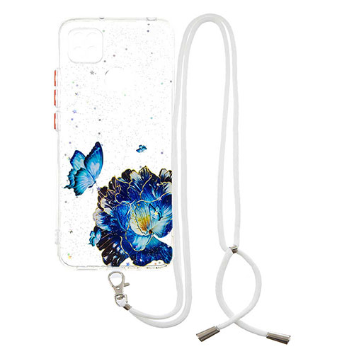 Silicone Candy Rubber Gel Fashionable Pattern Soft Case Cover with Lanyard Strap Y01X for Xiaomi Redmi 10A 4G Blue