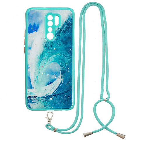 Silicone Candy Rubber Gel Fashionable Pattern Soft Case Cover with Lanyard Strap Y01X for Xiaomi Redmi 9 Prime India Green
