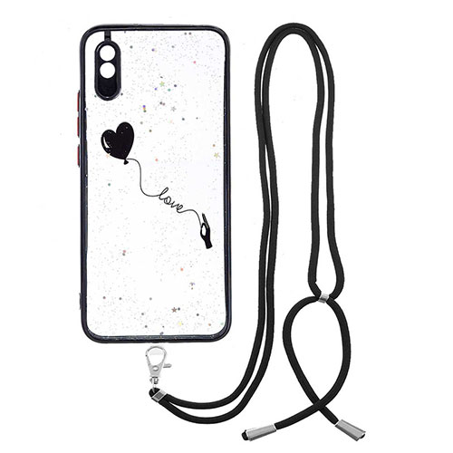 Silicone Candy Rubber Gel Fashionable Pattern Soft Case Cover with Lanyard Strap Y01X for Xiaomi Redmi 9A Black