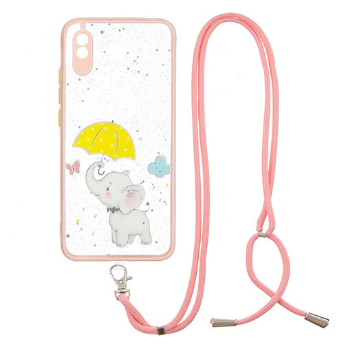 Silicone Candy Rubber Gel Fashionable Pattern Soft Case Cover with Lanyard Strap Y01X for Xiaomi Redmi 9A Yellow