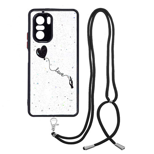 Silicone Candy Rubber Gel Fashionable Pattern Soft Case Cover with Lanyard Strap Y01X for Xiaomi Redmi K40 5G Black