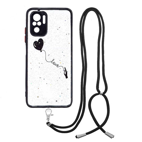 Silicone Candy Rubber Gel Fashionable Pattern Soft Case Cover with Lanyard Strap Y01X for Xiaomi Redmi Note 10 4G Black