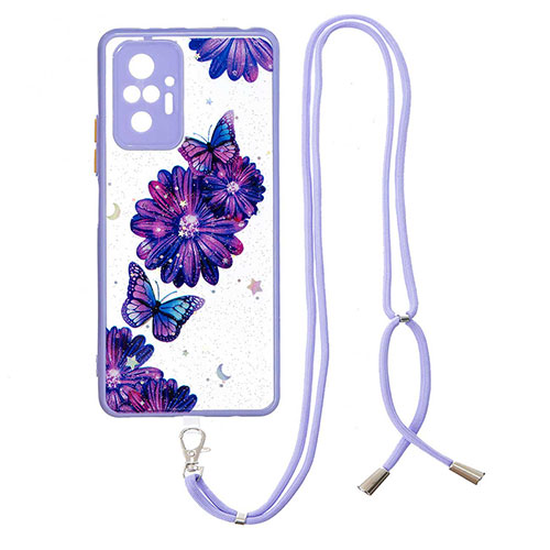Silicone Candy Rubber Gel Fashionable Pattern Soft Case Cover with Lanyard Strap Y01X for Xiaomi Redmi Note 10 Pro 4G Purple