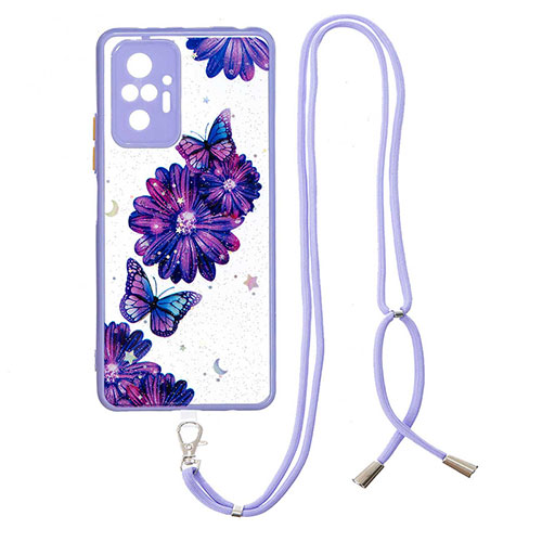 Silicone Candy Rubber Gel Fashionable Pattern Soft Case Cover with Lanyard Strap Y01X for Xiaomi Redmi Note 10 Pro Max Purple