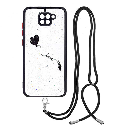 Silicone Candy Rubber Gel Fashionable Pattern Soft Case Cover with Lanyard Strap Y01X for Xiaomi Redmi Note 9 Black