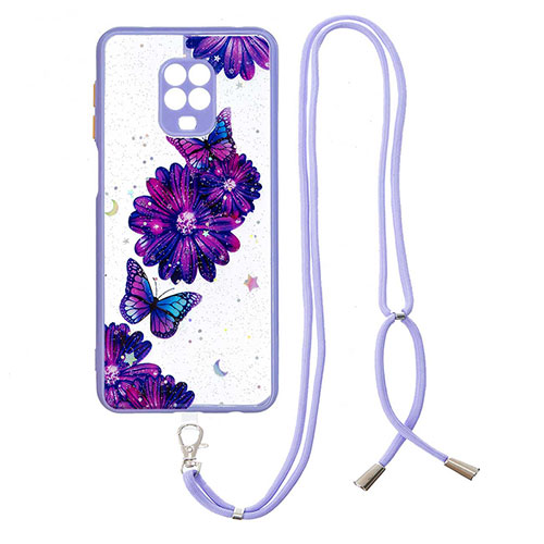 Silicone Candy Rubber Gel Fashionable Pattern Soft Case Cover with Lanyard Strap Y01X for Xiaomi Redmi Note 9S Purple