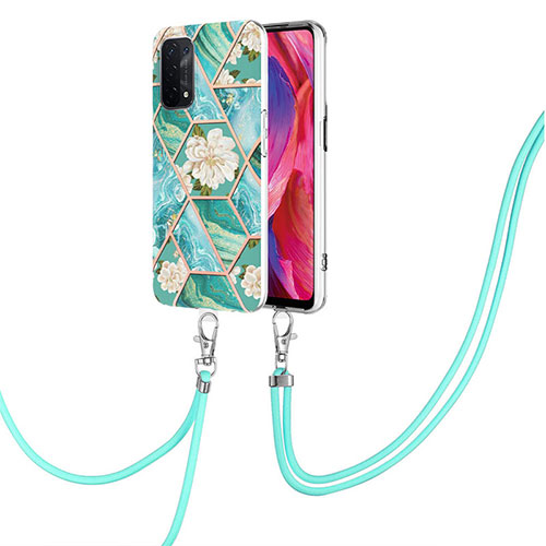 Silicone Candy Rubber Gel Fashionable Pattern Soft Case Cover with Lanyard Strap Y02B for Oppo A54 5G Green