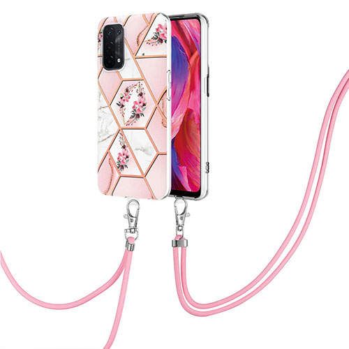 Silicone Candy Rubber Gel Fashionable Pattern Soft Case Cover with Lanyard Strap Y02B for Oppo A54 5G Pink