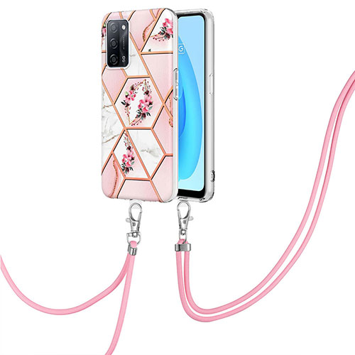 Silicone Candy Rubber Gel Fashionable Pattern Soft Case Cover with Lanyard Strap Y02B for Oppo A55 5G Pink