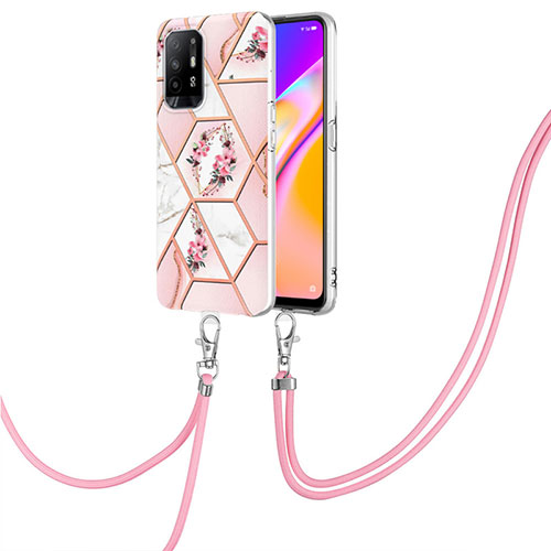 Silicone Candy Rubber Gel Fashionable Pattern Soft Case Cover with Lanyard Strap Y02B for Oppo A94 5G Pink