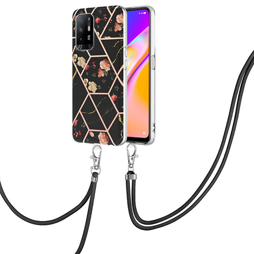 Silicone Candy Rubber Gel Fashionable Pattern Soft Case Cover with Lanyard Strap Y02B for Oppo A95 5G Black