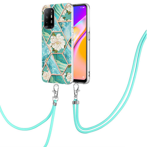 Silicone Candy Rubber Gel Fashionable Pattern Soft Case Cover with Lanyard Strap Y02B for Oppo Reno5 Z 5G Green