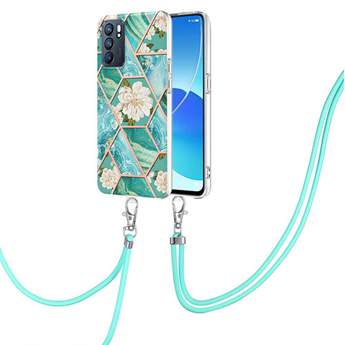 Silicone Candy Rubber Gel Fashionable Pattern Soft Case Cover with Lanyard Strap Y02B for Oppo Reno6 5G Green