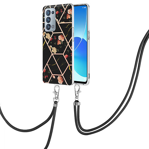 Silicone Candy Rubber Gel Fashionable Pattern Soft Case Cover with Lanyard Strap Y02B for Oppo Reno6 Pro 5G Black