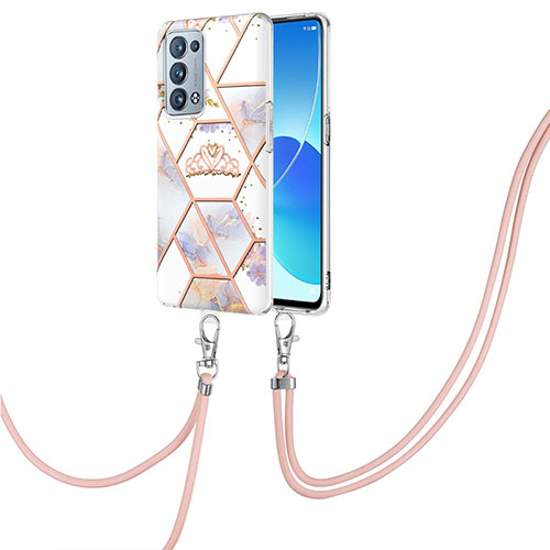 Silicone Candy Rubber Gel Fashionable Pattern Soft Case Cover with Lanyard Strap Y02B for Oppo Reno6 Pro+ Plus 5G Gray