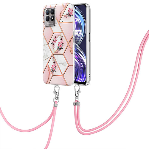 Silicone Candy Rubber Gel Fashionable Pattern Soft Case Cover with Lanyard Strap Y02B for Realme 8i Pink