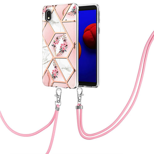 Silicone Candy Rubber Gel Fashionable Pattern Soft Case Cover with Lanyard Strap Y02B for Samsung Galaxy A01 Core Pink