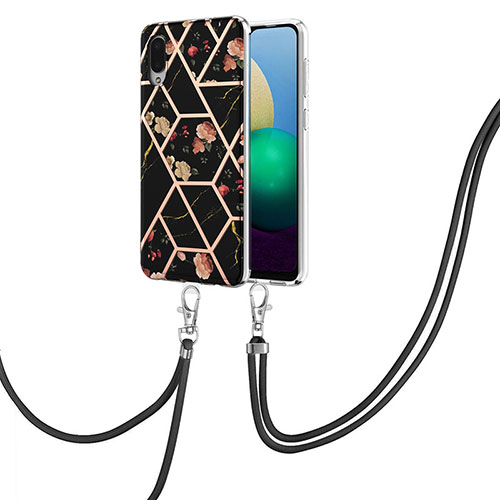 Silicone Candy Rubber Gel Fashionable Pattern Soft Case Cover with Lanyard Strap Y02B for Samsung Galaxy A02 Black