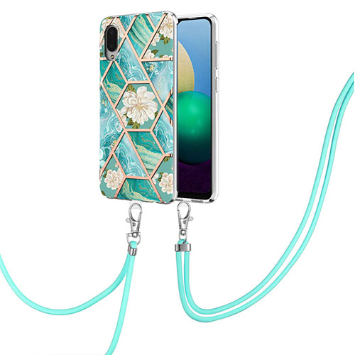 Silicone Candy Rubber Gel Fashionable Pattern Soft Case Cover with Lanyard Strap Y02B for Samsung Galaxy A02 Green