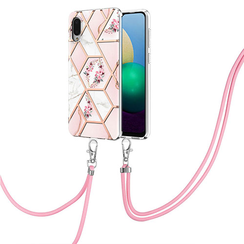 Silicone Candy Rubber Gel Fashionable Pattern Soft Case Cover with Lanyard Strap Y02B for Samsung Galaxy A02 Pink