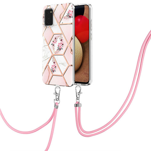 Silicone Candy Rubber Gel Fashionable Pattern Soft Case Cover with Lanyard Strap Y02B for Samsung Galaxy A03s Pink