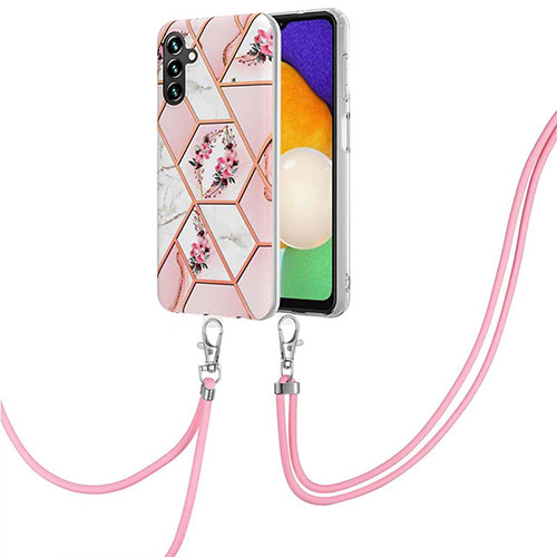 Silicone Candy Rubber Gel Fashionable Pattern Soft Case Cover with Lanyard Strap Y02B for Samsung Galaxy A04s Pink