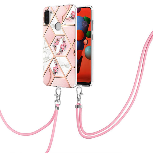 Silicone Candy Rubber Gel Fashionable Pattern Soft Case Cover with Lanyard Strap Y02B for Samsung Galaxy A11 Pink