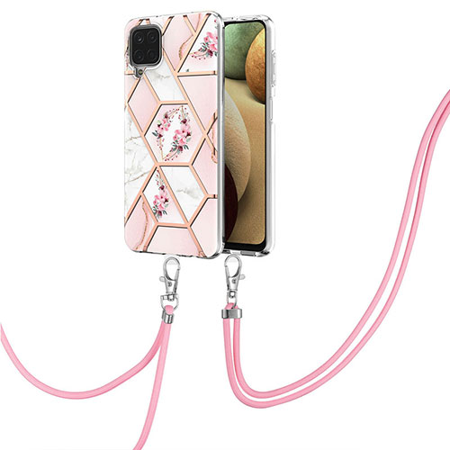 Silicone Candy Rubber Gel Fashionable Pattern Soft Case Cover with Lanyard Strap Y02B for Samsung Galaxy A12 5G Pink