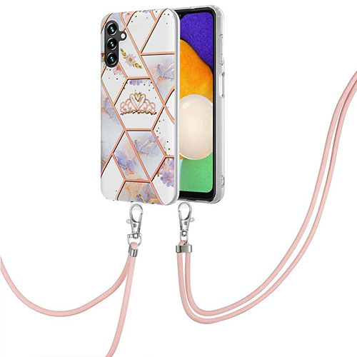 Silicone Candy Rubber Gel Fashionable Pattern Soft Case Cover with Lanyard Strap Y02B for Samsung Galaxy A13 5G Gray