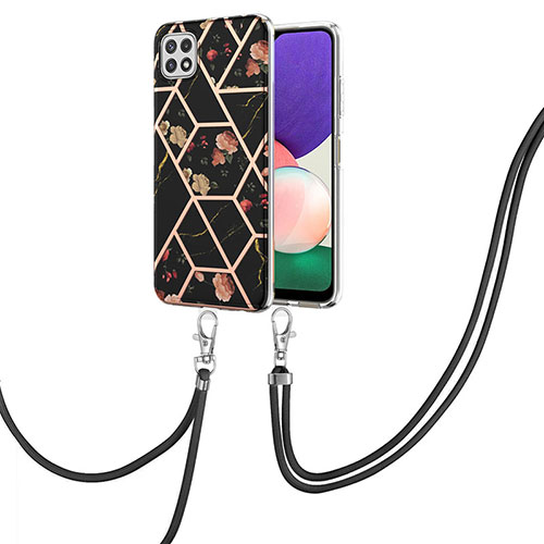 Silicone Candy Rubber Gel Fashionable Pattern Soft Case Cover with Lanyard Strap Y02B for Samsung Galaxy A22 5G Black