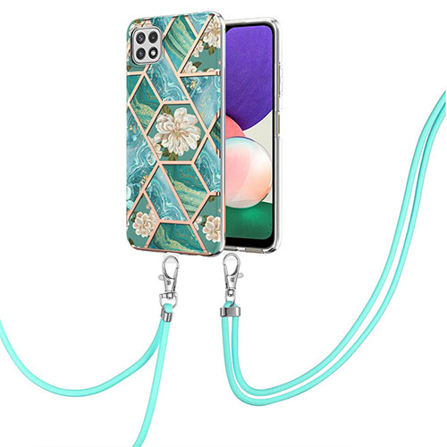 Silicone Candy Rubber Gel Fashionable Pattern Soft Case Cover with Lanyard Strap Y02B for Samsung Galaxy A22 5G Green