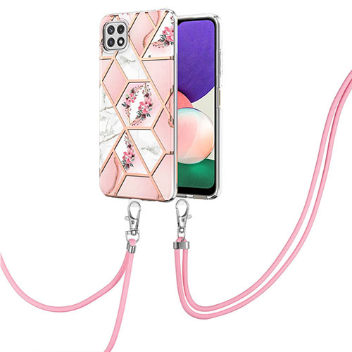 Silicone Candy Rubber Gel Fashionable Pattern Soft Case Cover with Lanyard Strap Y02B for Samsung Galaxy A22 5G Pink