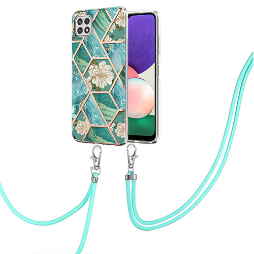 Silicone Candy Rubber Gel Fashionable Pattern Soft Case Cover with Lanyard Strap Y02B for Samsung Galaxy A22s 5G Green