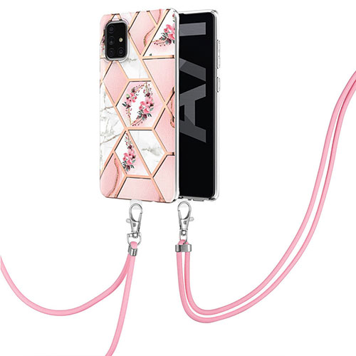 Silicone Candy Rubber Gel Fashionable Pattern Soft Case Cover with Lanyard Strap Y02B for Samsung Galaxy A71 4G A715 Pink