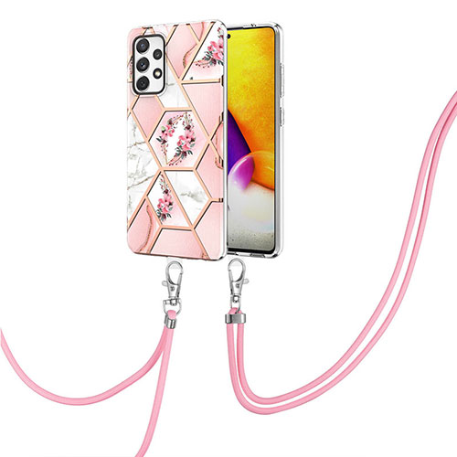 Silicone Candy Rubber Gel Fashionable Pattern Soft Case Cover with Lanyard Strap Y02B for Samsung Galaxy A72 4G Pink