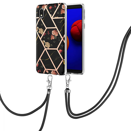 Silicone Candy Rubber Gel Fashionable Pattern Soft Case Cover with Lanyard Strap Y02B for Samsung Galaxy M01 Core Black