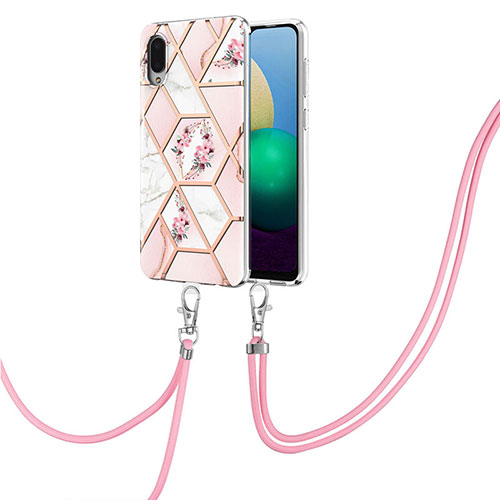 Silicone Candy Rubber Gel Fashionable Pattern Soft Case Cover with Lanyard Strap Y02B for Samsung Galaxy M02 Pink