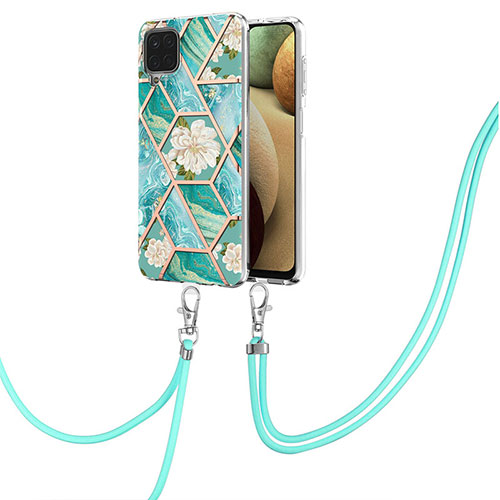 Silicone Candy Rubber Gel Fashionable Pattern Soft Case Cover with Lanyard Strap Y02B for Samsung Galaxy M12 Green