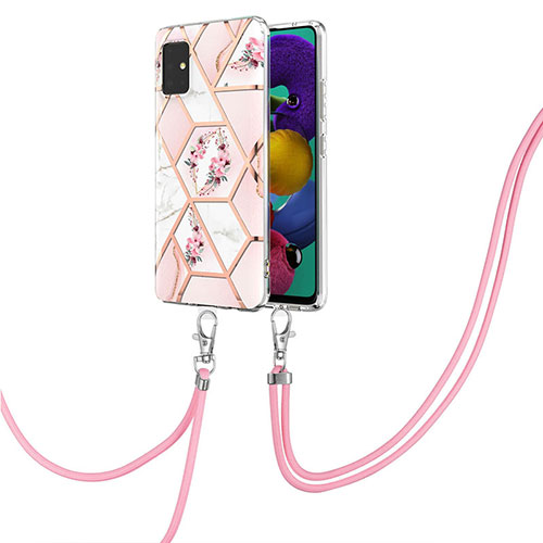 Silicone Candy Rubber Gel Fashionable Pattern Soft Case Cover with Lanyard Strap Y02B for Samsung Galaxy M40S Pink