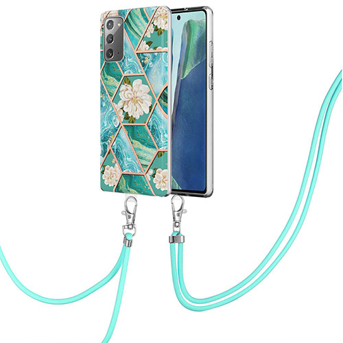 Silicone Candy Rubber Gel Fashionable Pattern Soft Case Cover with Lanyard Strap Y02B for Samsung Galaxy Note 20 5G Green