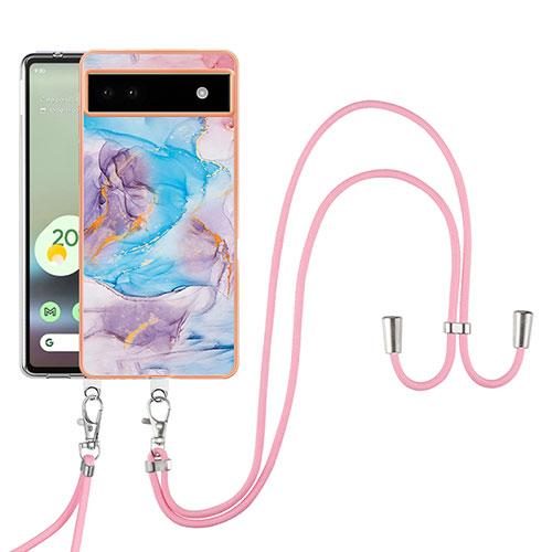 Silicone Candy Rubber Gel Fashionable Pattern Soft Case Cover with Lanyard Strap Y03B for Google Pixel 6a 5G Blue