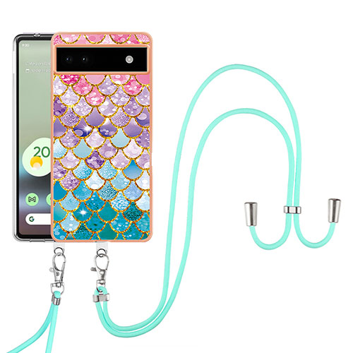 Silicone Candy Rubber Gel Fashionable Pattern Soft Case Cover with Lanyard Strap Y03B for Google Pixel 6a 5G Colorful