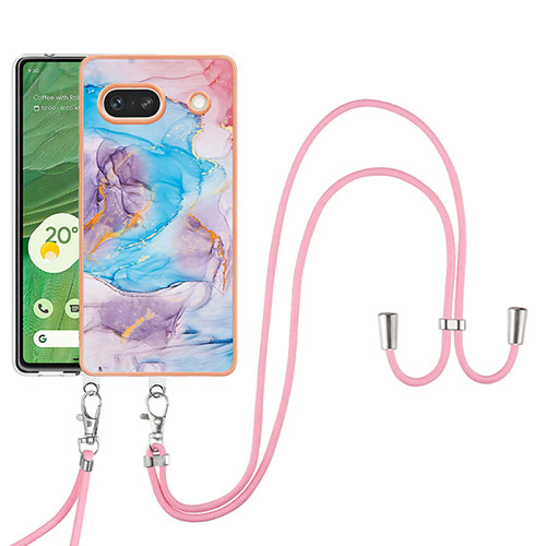 Silicone Candy Rubber Gel Fashionable Pattern Soft Case Cover with Lanyard Strap Y03B for Google Pixel 7a 5G Blue