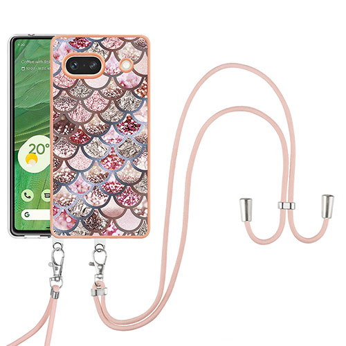 Silicone Candy Rubber Gel Fashionable Pattern Soft Case Cover with Lanyard Strap Y03B for Google Pixel 7a 5G Brown