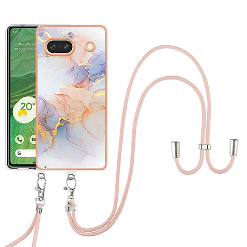 Silicone Candy Rubber Gel Fashionable Pattern Soft Case Cover with Lanyard Strap Y03B for Google Pixel 7a 5G Clove Purple