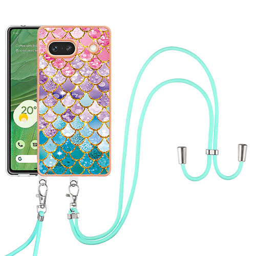 Silicone Candy Rubber Gel Fashionable Pattern Soft Case Cover with Lanyard Strap Y03B for Google Pixel 7a 5G Colorful