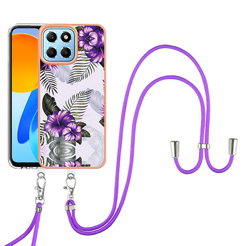 Silicone Candy Rubber Gel Fashionable Pattern Soft Case Cover with Lanyard Strap Y03B for Huawei Honor 70 Lite 5G Purple